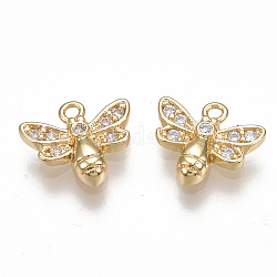 Brass Micro Pave Cubic Zirconia Charms, Bee, Clear, Nickel Free, Real 18K Gold Plated, 8.5x9.5x2mm, Hole: 1mm