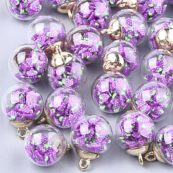 Glass Ball Pendants, with Polymer Clay and CCB Plastic Findings, Round, Golden, Blue Violet, 21x15.5~16mm, Hole: 2mm