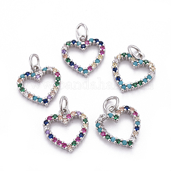 Brass Micro Pave Cubic Zirconia Charms, with Jump Rings, Heart, Colorful, Platinum, 13x12.5x2mm, Hole: 3mm