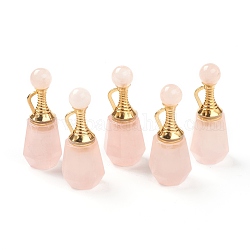Facetas colgantes de cuarzo natural rosa, botella de perfume abrible, con fornituras de latón de tono de oro, 41~43x16~17x15~16mm, agujero: 10 mm, capacidad: 1ml (0.03 fl. oz)