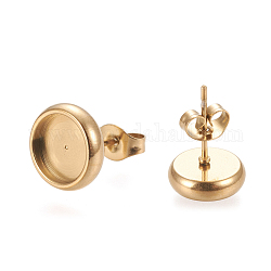 Ion Plating(IP) 304 Stainless Steel Stud Earring Settings, with Ear Nuts, Flat Round, Golden, 10.5mm, Pin: 0.8mm, Tray: 8mm
