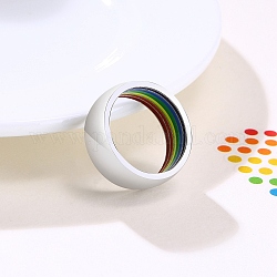 Anello scanalato interno smaltato con bandiera dell'orgoglio color arcobaleno, anello a fascia semplice in acciaio inossidabile per uomo donna, colore acciaio inossidabile, misura degli stati uniti 8 (18.1mm)