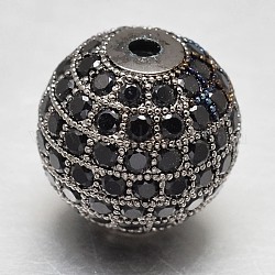CZ Brass Micro Pave Cubic Zirconia Round Beads, Gunmetal, 14mm, Hole: 2mm