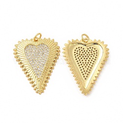 Rack Plating Brass Micro Pave Clear Cubic Zirconia Pendants, Cadmium Free & Lead Free, Sacred Heart Charm, with Jump Ring, Real 18K Gold Plated, 31.5x24x2.5mm, Hole: 3.5mm