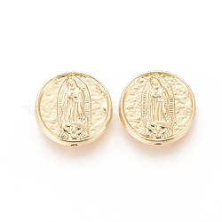 Messing Perlen, langlebig plattiert, flach rund mit Jungfrau Maria, echtes 18k vergoldet, 15.5x4 mm, Bohrung: 1.2 mm
