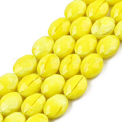 Opaque Solid Color Glass Beads Strands, Faceted, Oval, Yellow, 16x12x7mm, Hole: 1~1.2mm, about 25pcs/strand, 14.96 inch(38cm)