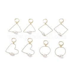 Large Geometry Wire Dangle Hoop Earrings, Pearl Beaded Drop Earrings for Women, Golden, Seashell Color, 44.5mm, Pin: 0.85mm, 4pair/set