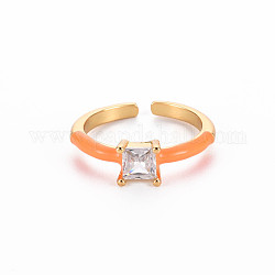 Манжеты из латуни с эмалью, открытые кольца, пасьянс кольца, с четким кубического циркония, без никеля , квадратный, золотые, темно-оранжевый, размер США 7 (17.3 мм)