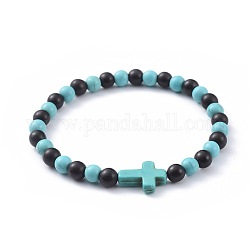 Perles de bois de santal naturelles bracelets extensibles, avec des perles synthétiques turquoise(teintes), croix, turquoise (teint), 2-1/4 pouce (5.6 cm)