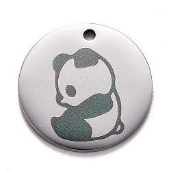 Edelstahl-Anhänger, manuelles Polieren, flach rund mit Panda, Edelstahl Farbe, 20x1.4 mm, Bohrung: 1.6 mm