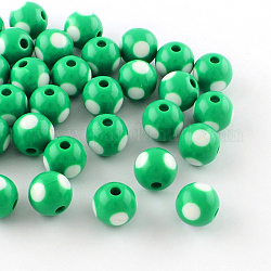 Punktmuster undurchsichtige Acrylperlen, Runde, Frühlingsgrün, 11~12x11 mm, Bohrung: 3 mm, ca. 550 Stk. / 500 g