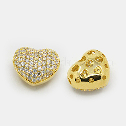 Hollow Heart Brass Cubic Zirconia Beads, Golden, 12x13.5x8mm, Hole: 1mm