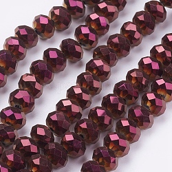 Fili di perle di vetro placcato, sfaccettato, rondelle, porpora placcato, 8x6~7mm, Foro: 1 mm, circa 68~70pcs/filo, 18.1 pollice