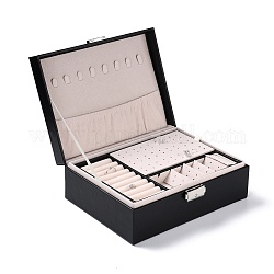 PU Imitation Leather Jewelry Organizer Box with Lock, Double Stackable Jewelry Case for Earrings, Ring, and Necklace, Rectangle, Black, 23x17.5x8.9cm