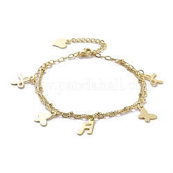 304 bracelets multi-rangs doubles chaînes en acier inoxydable, bracelet à breloques acier inoxydable note de musique et papillon 201 pour femme, or, 7-1/8 pouce (18 cm)