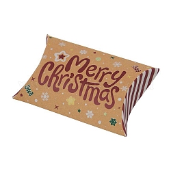 Cajas de almohadas de dulces de cartón con tema navideño, caja de regalo de bocadillo de caramelo de feliz navidad de palabra de dibujos animados, ladrillo refractario, doblez: 7.3x11.9x2.6cm