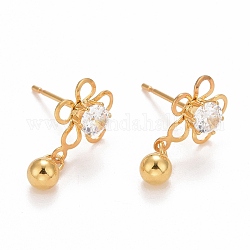 Flower 304 Stainless SteelStud Earrings, with 316 Stainless Steel Pin & Glass Imitation Zircon , Golden, 16x9mm, Pin: 0.7mm