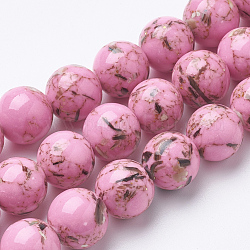 Turquoise synthétique et brins de perles de coquillage, teinte, ronde, rose chaud, 8mm, trou: 1mm, environ 50 pcs/chapelet, 15.7 pouces