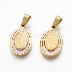 304 Stainless Steel Pendants, with Shell, Oval with Virgin Mary/CssmlNdsmd Cross God Father Religious Christianity, Golden, 21x13x3mm, Hole: 4x5.5mm