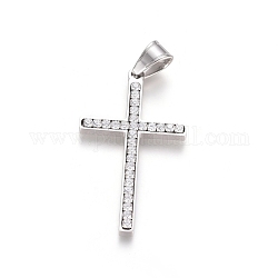 304 Stainless Steel Pendants, with Crystal Rhinestone, Cross, Stainless Steel Color, 43.5x25.5x3.5mm, Hole: 5x7.5mm