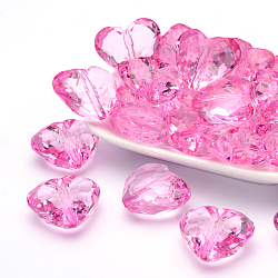 Transparent Acrylic Beads, Faceted Heart, Hot Pink, about 25mm long, 28.5mm wide, 16mm thick, hole: 3mm, about 88pcs/500g