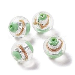 Perles vernissées de feuille en argent manuelles, avec du sable d'or, ronde, vert clair, 12x11mm, Trou: 1.8mm