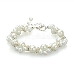 Perle di vetro perline braccialetti alla moda, con perline strass ferro e lega aragosta artiglio fermagli, braccialetti di nozze, bianco, 205mm