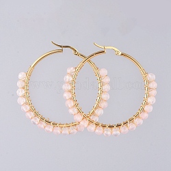 Boucles d'oreilles en perles, avec naturel rose perles de quartz, créoles en 304 acier inoxydable plaqué or et boîte d'emballage en carton, 50mm, pin: 0.6x1 mm