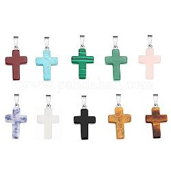 Natural & Synthetic Mixed Gemstone Pendants, with Stainless Steel Snap On Bails, Cross, Mixed Dyed and Undyed, 29x18x5mm, Hole: 6mm, 10pcs/box