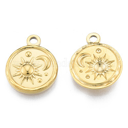 Ion Plating(IP) 201 Stainless Steel Pendants, Flat Round with Sun & Moon, Real 18K Gold Plated, 19x15.5x2.5mm, Hole: 2mm