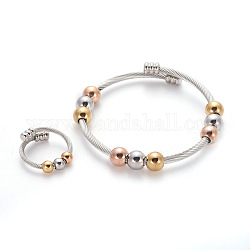 304 Stainless Steel Torque Bangles and Finger Ring Jewelry Sets, with Round Beads, Mixed Color, 2 inch(5.1cm), Size 7, 17.5mm