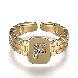 Brass Micro Pave Clear Cubic Zirconia Cuff Rings, Open Rings, Cadmium Free & Lead Free, Rectangle, Golden, Letter.F, US Size 6 1/4, Inner Diameter: 16.8mm