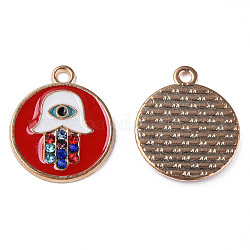 Alloy Enamel Pendants, with Colorful Rhinestone, Cadmium Free & Lead Free, Light Gold, Flat Round with Hamsa Hand/Hand of Miriam & Eye, Red, 18x15.5x2mm, Hole: 1.6mm