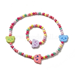 Ensemble de bijoux en bois d'érable, collier de perles et bracelet extensible, panda, diamètre intérieur: 1-5/8 pouce (4 cm), collier : 15-3/8 pouce (39 cm)