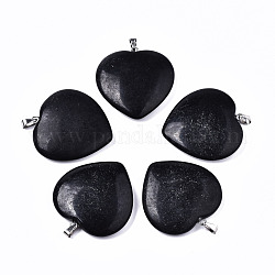 Colgantes de piedra negra sintética, con 304 broche de acero inoxidable sobre fianzas, corazón, color acero inoxidable, 36~37x35x7~8mm, agujero: 5x2.5 mm.