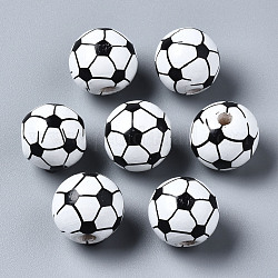 Gemalte europäische Perlen aus Naturholz, Großloch perlen, gedruckt, Fußball, weiß, 16x15 mm, Bohrung: 4 mm