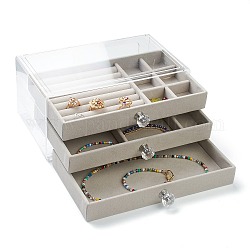 Scatole di gioielli rettangolari in velluto e legno, 3 strati con copertura in plastica, custodia portatile per gioielli, per collana orecchini anello, argento, 15.5x10.5x23.2cm