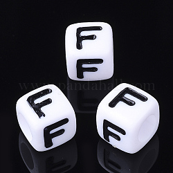 Acrylic Horizontal Hole Letter Beads, Cube, White, Letter F, Size: about 7mm wide, 7mm long, 7mm high, hole: 3.5mm, about 200pcs/50g