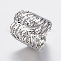 304 Stainless Steel Rhinestone Finger Rings, Wide Band Rings, Hollow, Stainless Steel Color, Size 6~9, 16~19mm