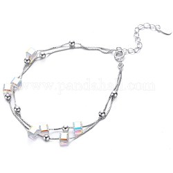 Würfel-Zirkonia-Perlen mehrsträngiges Armband, 925 doppellagiges Armband aus Sterlingsilber für Teenager-Mädchen, klar ab, Platin Farbe