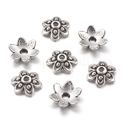 Tibetischen Stil Legierung Perlenkappen, Bleifrei und cadmium frei, Runde, Antik Silber Farbe, ca. 9 mm Durchmesser, 3 mm dick, Bohrung: 1 mm