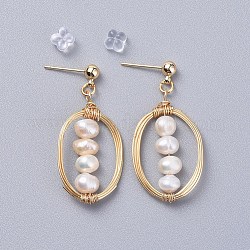 Dormeuses en perles d'eau douce naturelles, avec les accessoires en laiton, fil de cuivre et poussoirs d'oreilles en caoutchouc, ovale, véritable 18k plaqué or, 37~38mm, pin: 0.7 mm