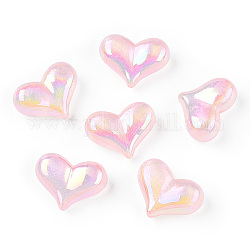 UV Plating Rainbow Iridescent Acrylic Beads, with Glitter Powder, Heart, Pink, 16.5x22.5x9mm, Hole: 1.6mm