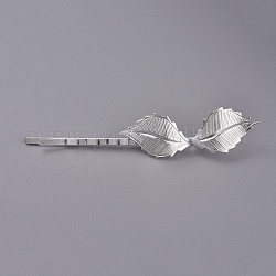 Capelli di ferro bobby pin, con accessori di ottone, colore argento placcato, 72x4.5mm, foglia: 42x14 mm