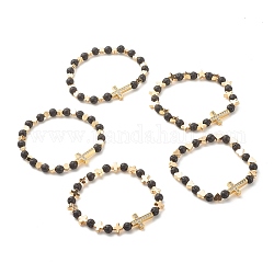 Bracelet extensible perles de zircone cubique croix, Bracelet diffuseur d'huile de perles de roche de lave naturelle, bracelet en perles de laiton pour femme, forme mixte, or, diamètre intérieur: 2-1/8 pouce (5.5 cm)