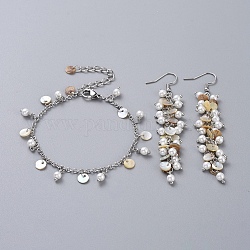 Conjuntos de pulseras con dijes y aretes colgantes., con encantos naturales de conchas de akoya, perla de vidrio y 304 fornitura de acero inoxidable, color acero inoxidable, 7-1/8 pulgada (18 cm), 80mm, pin: 0.6 mm