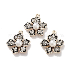 Alloy Enamel Pendants, with ABS Imitation Pearl Bead and Rhinestone, Cadmium Free & Lead Free, Flower Charm, Golden, 23x19x7mm, Hole: 1.5mm