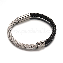 Bracelets de corde tressée en cuir, avec accessoires en 304 acier inoxydable, couleur inoxydable, 52x60mm