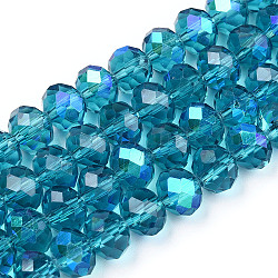 Abalorios de vidrio electroplate hebras, medio arco iris chapado, facetados, rerondana plana, acero azul, 10x8mm, agujero: 1 mm, aproximamente 63~65 pcs / cadena, 19.2~20 pulgada (48~50 cm)
