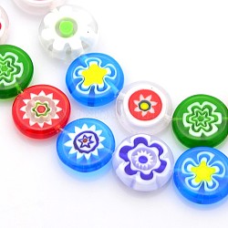 Handmade Millefiori Glass Bead Strands, Flat Round, Mixed Color, 13.5~17x4mm, Hole: 1mm, about 29pcs/strand, 15.5 inch